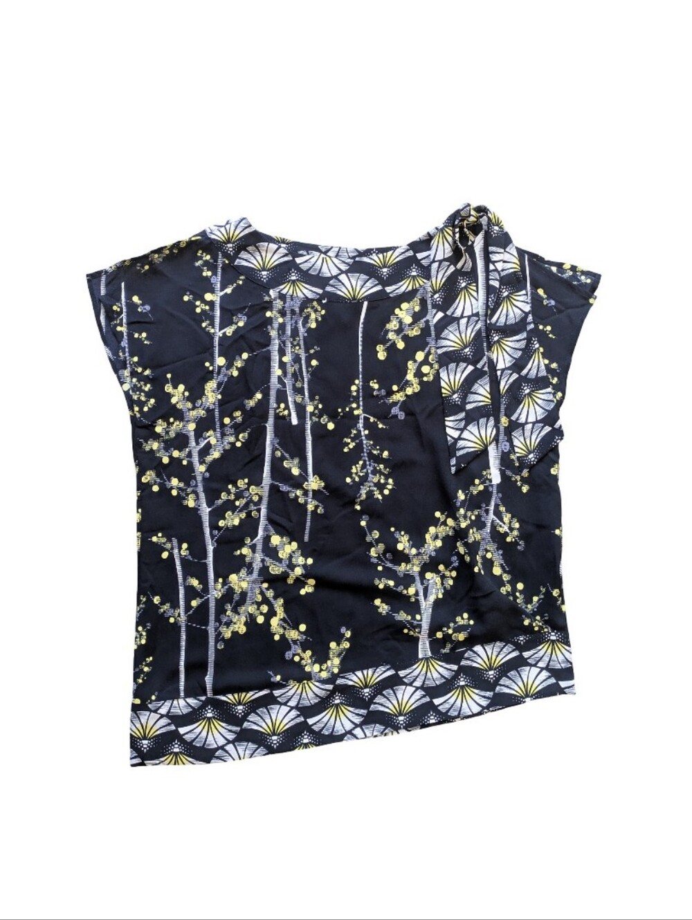 Black Label Chicos Black Yellow Asymmetric Tie Neck Top Sz 1 US 8 Cruise Event